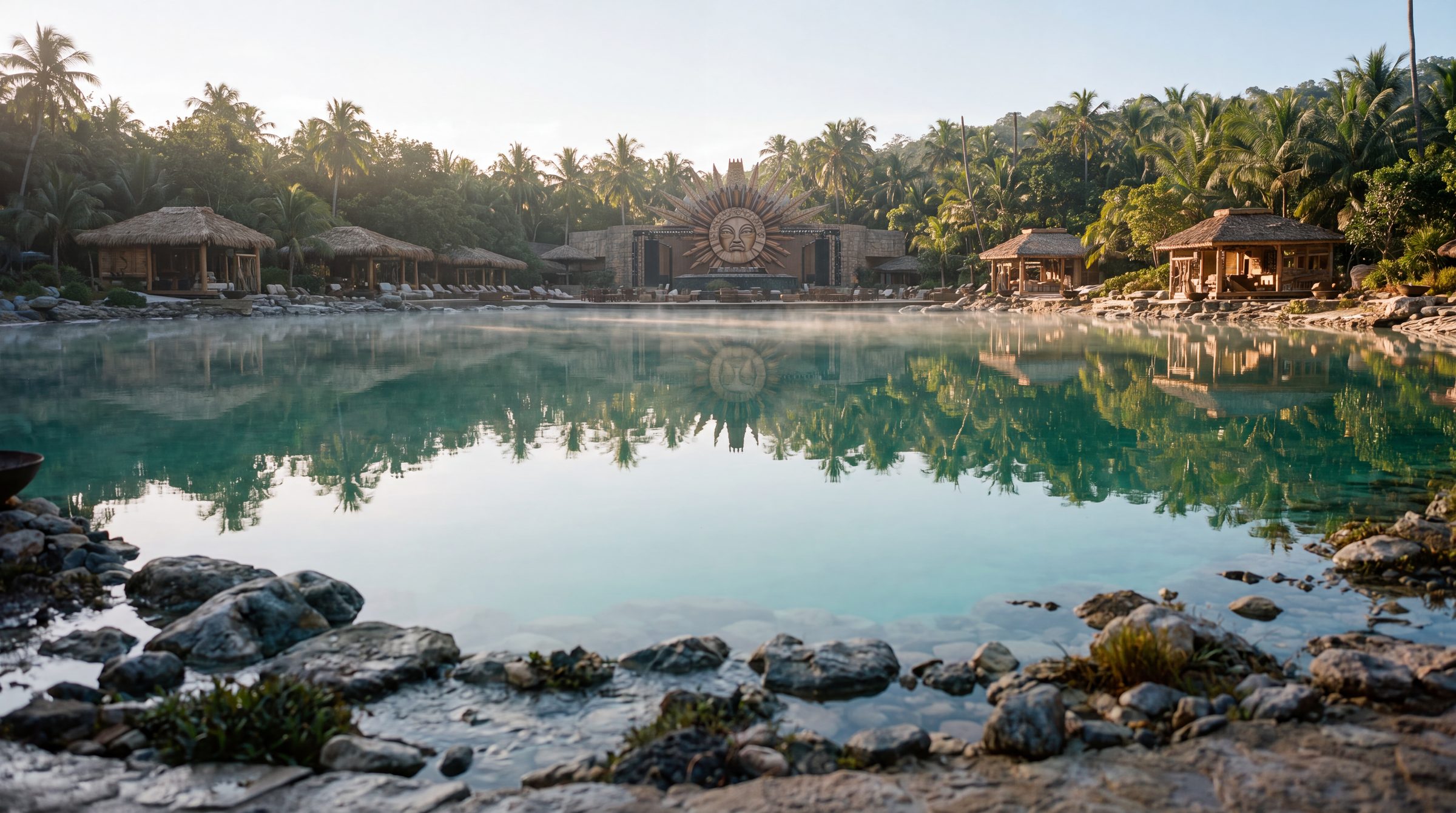 APACHE's lagoon at dawn, with mist on the water, thatched pavilions and the stage's sun crown behind.