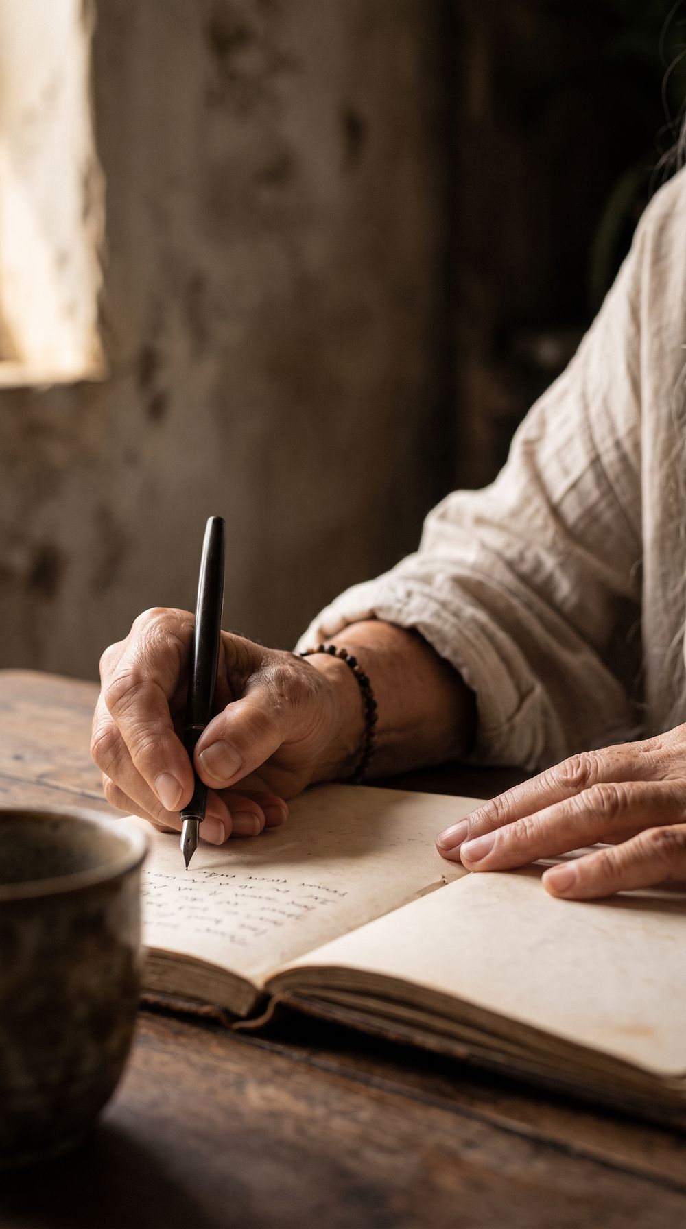 A hand writes in an open notebook.