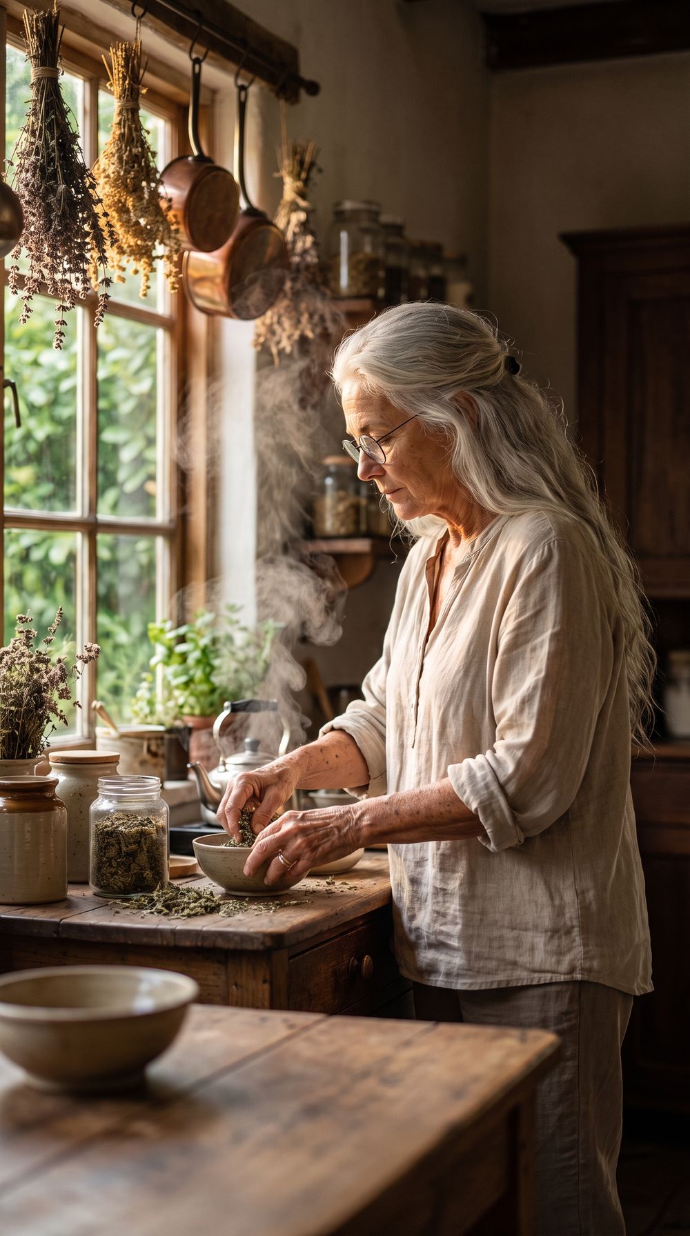 Nair prepares an infusion in the kitchen, by the window.