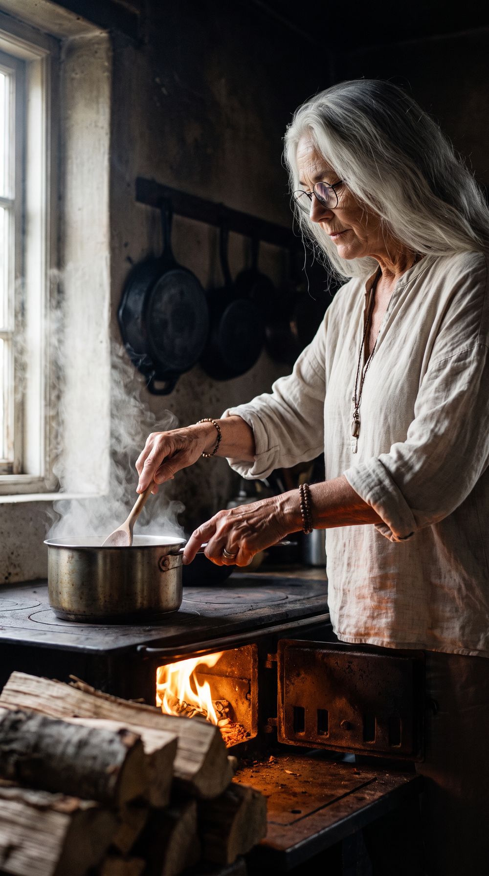 Nair stirs a pot on the wood stove.