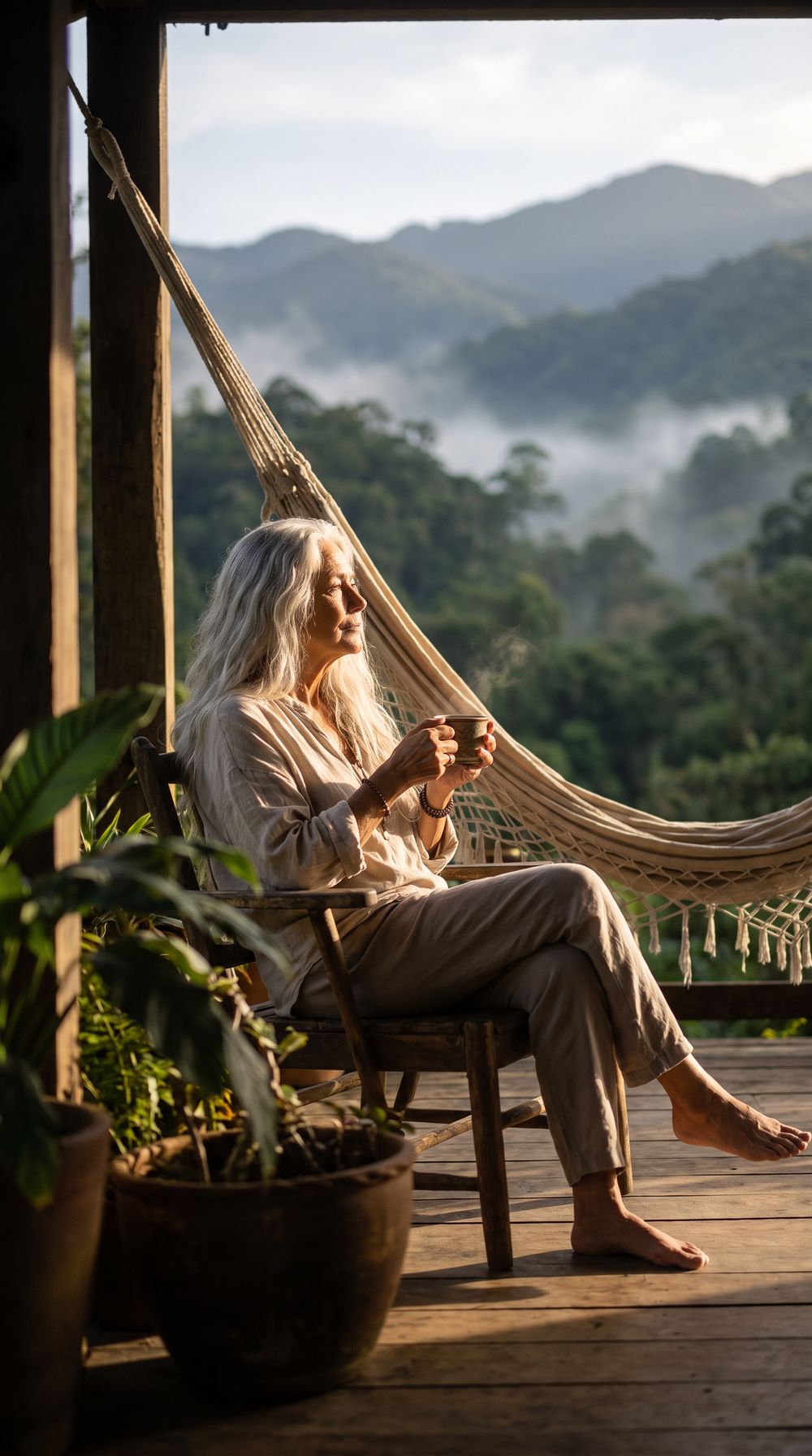 Nair on the porch, with the mountains behind her.