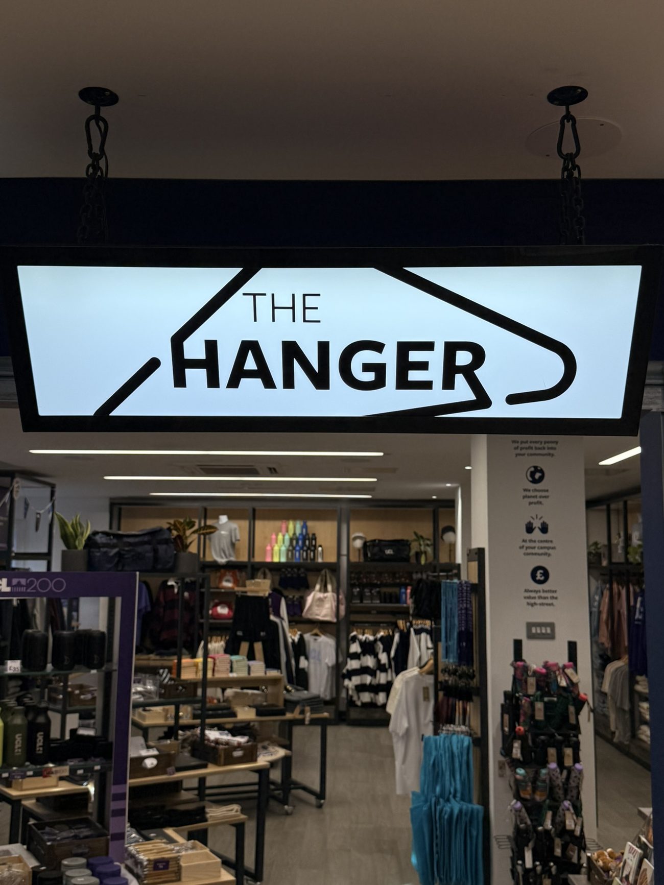 The store entrance, with The Hanger sign.